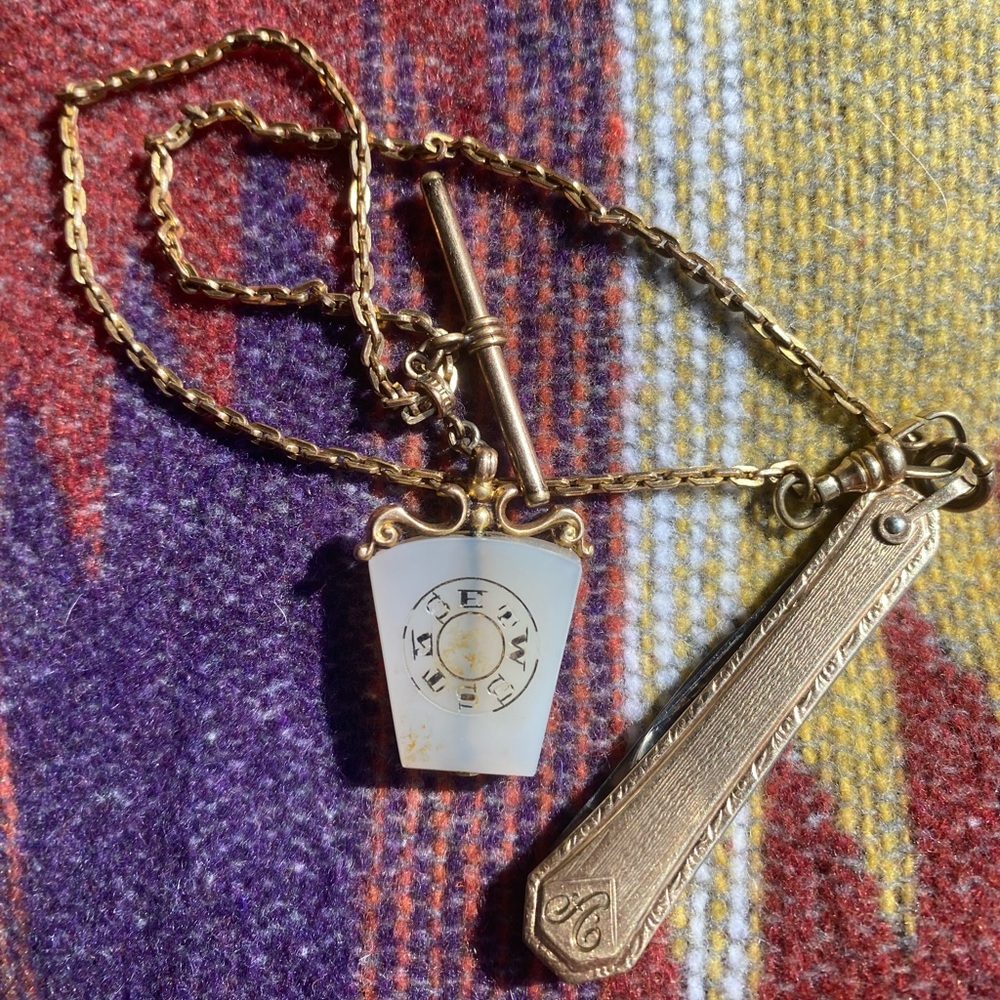 Antique Watch Chain Necklace T-Bar Dog Clip